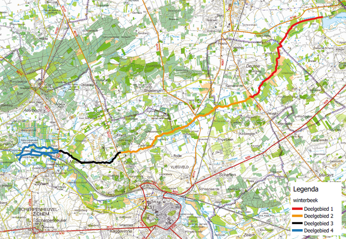 Kaart van de Winterbeek met aanduiding van de vier deelgebieden die zullen gesaneerd worden.
