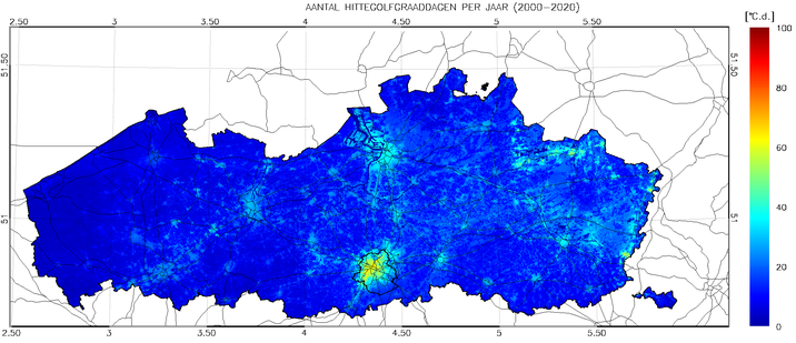 Spreiding voorkomen aantal hittegolfgraaddagen onder huidig klimaat (Vlaanderen, 2000-2020)