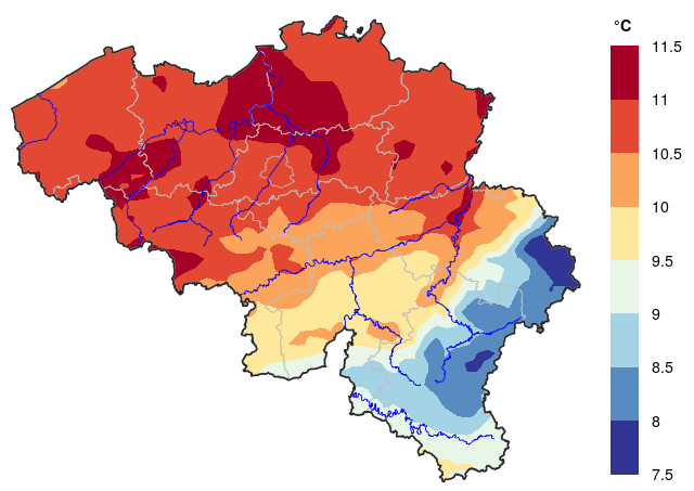 Ruimtelijk patroon in jaargemiddelde temperatuur onder het huidig klimaat (België, 1991-2020)