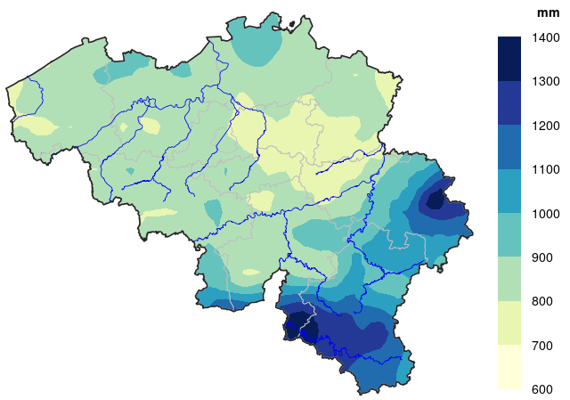 Ruimtelijk patroon in jaargemiddelde neerslag onder het huidig klimaat (België, 1991-2020)