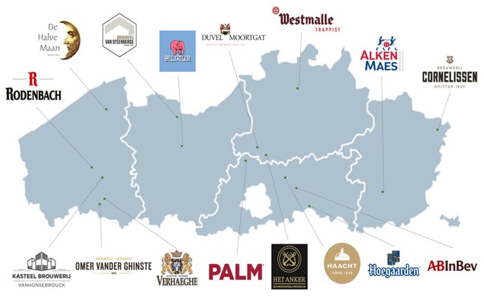 Kaart met 16 deelnemende brouwerijen.