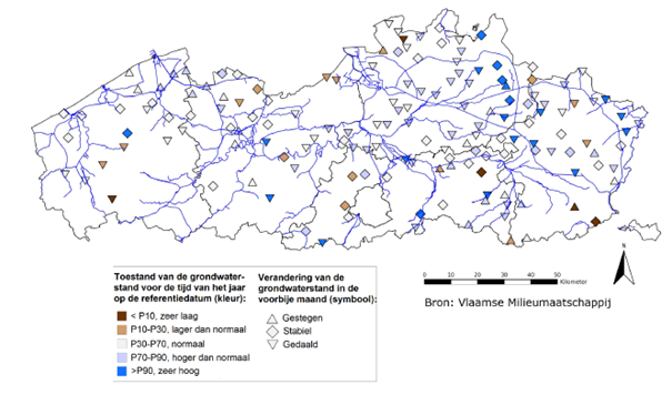 Huidige grondwaterstandsveranderingen en relatieve situering van de huidige freatische grondwaterstand oktober 23