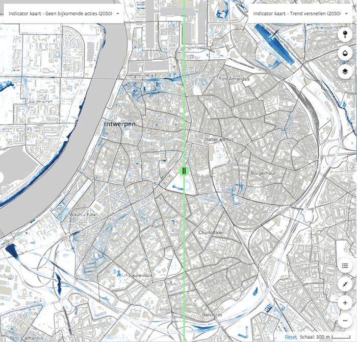 Figuur 4: Waterdiepte bij wateroverlast in de regio Antwerpen (links zonder bijkomende maatregelen tot 2050, rechts met bijkomende maatregelen volgens het scenario ‘Trend versnellen’)