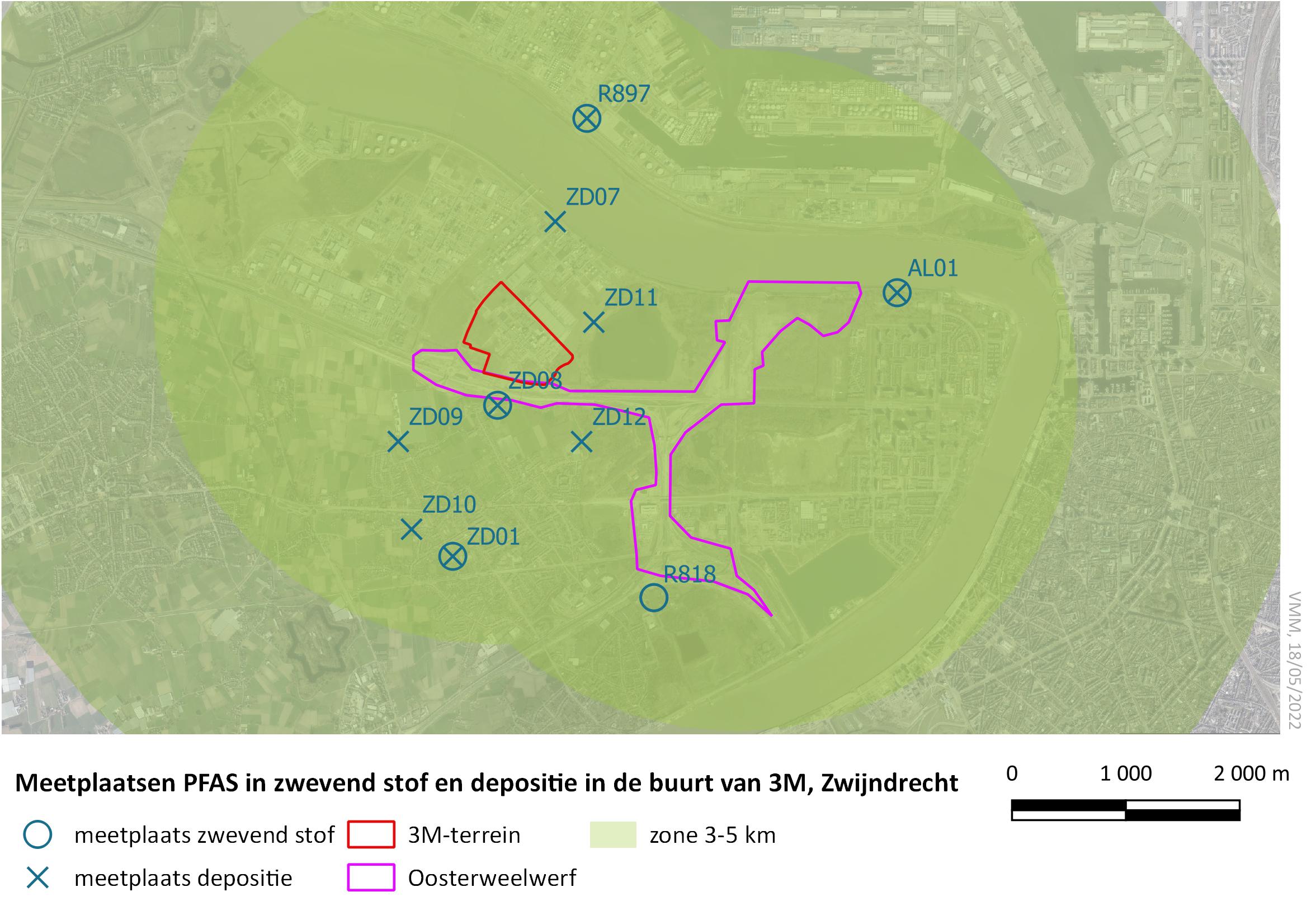 Kaart meetplaatsen PFAS in zwevend stof en depositie in de buurt van 3M, Zwijndrecht