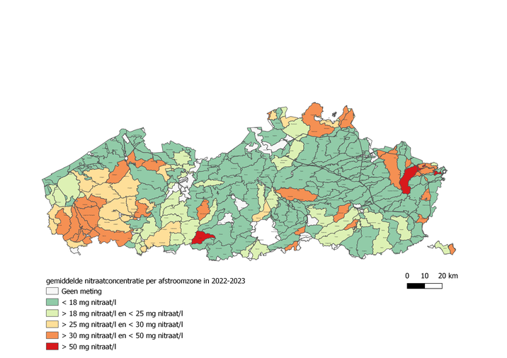 Gemiddelde nitraatconcentratie per afstroomzone (Vlaanderen, 2022-2023)