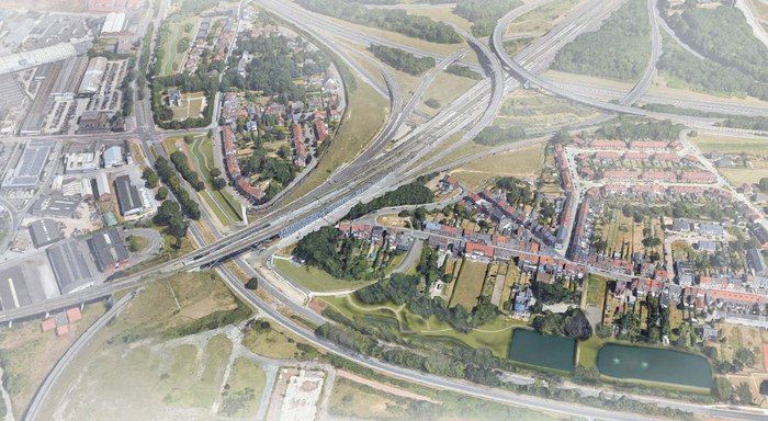 Ontwerpbeeld van de openlegging van de Woluwe en de aanleg van drie buurtparken in Machelen.