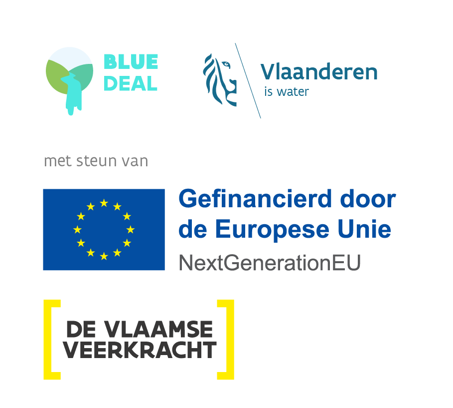 Logo's Blue Deal, Vlaanderen is water, Vlaamse Veerkracht en EU next generation