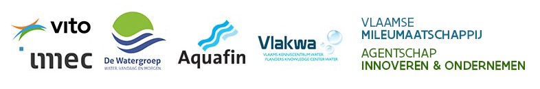 Overzicht logo's partners Internet of Water-project: VITO, Imec, De Watergroep, Aquafin, Vlakwa, Vlaamse Milieumaatschappij, Agentschap Innoveren en Ondernemen